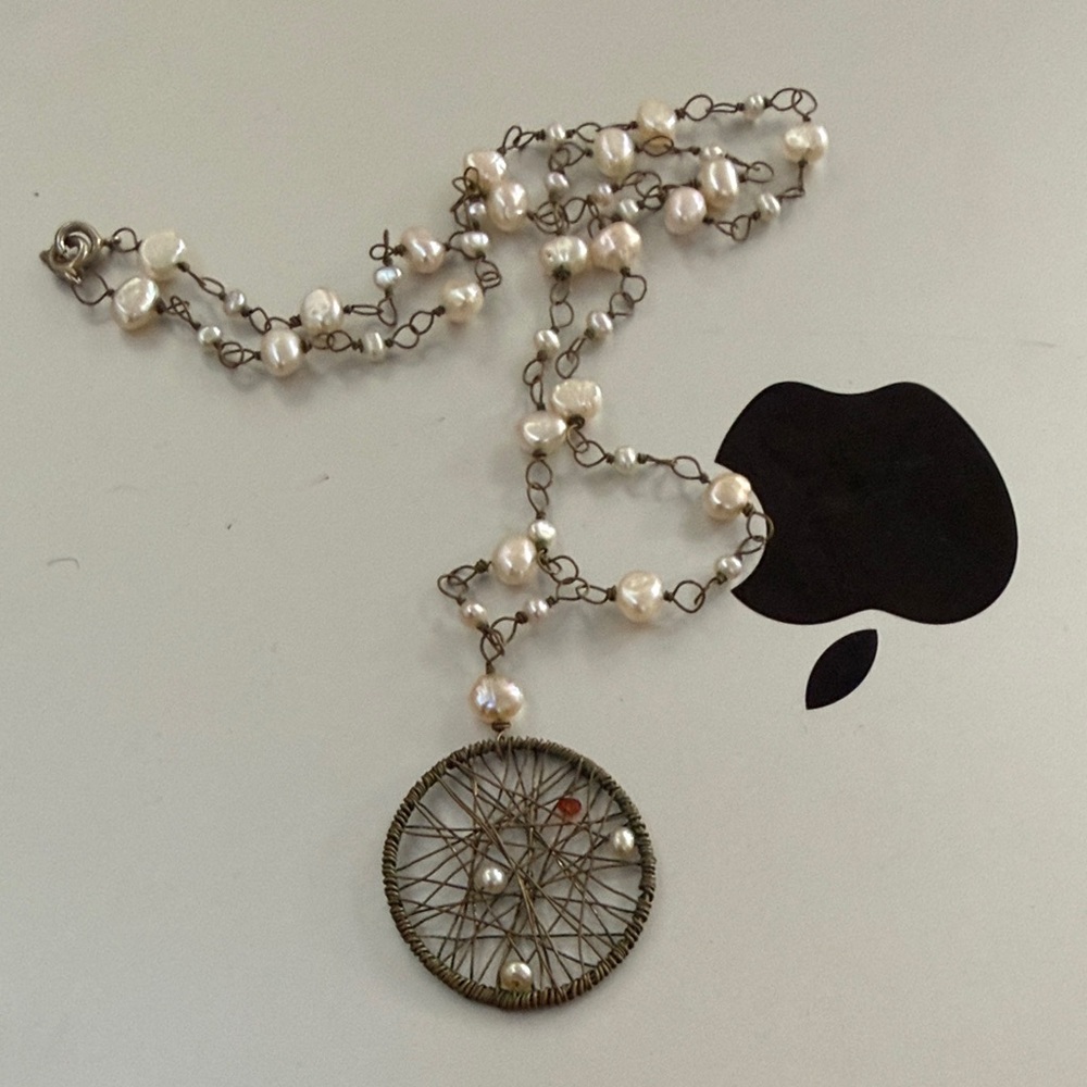 Dream catcher Pearl and Wire Pendant Necklace